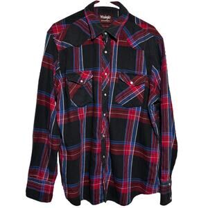 Vintage Wrangler Western Shirts 90s Pearl Snap Button Down Plaid Black Red XL